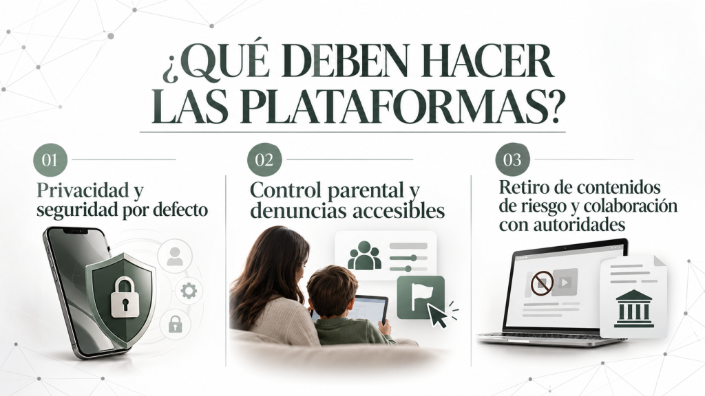 Infografía sobre privacidad digital, control parental y retiro de contenidos de riesgo para proteger a niñas, niños y adolescentes en internet.